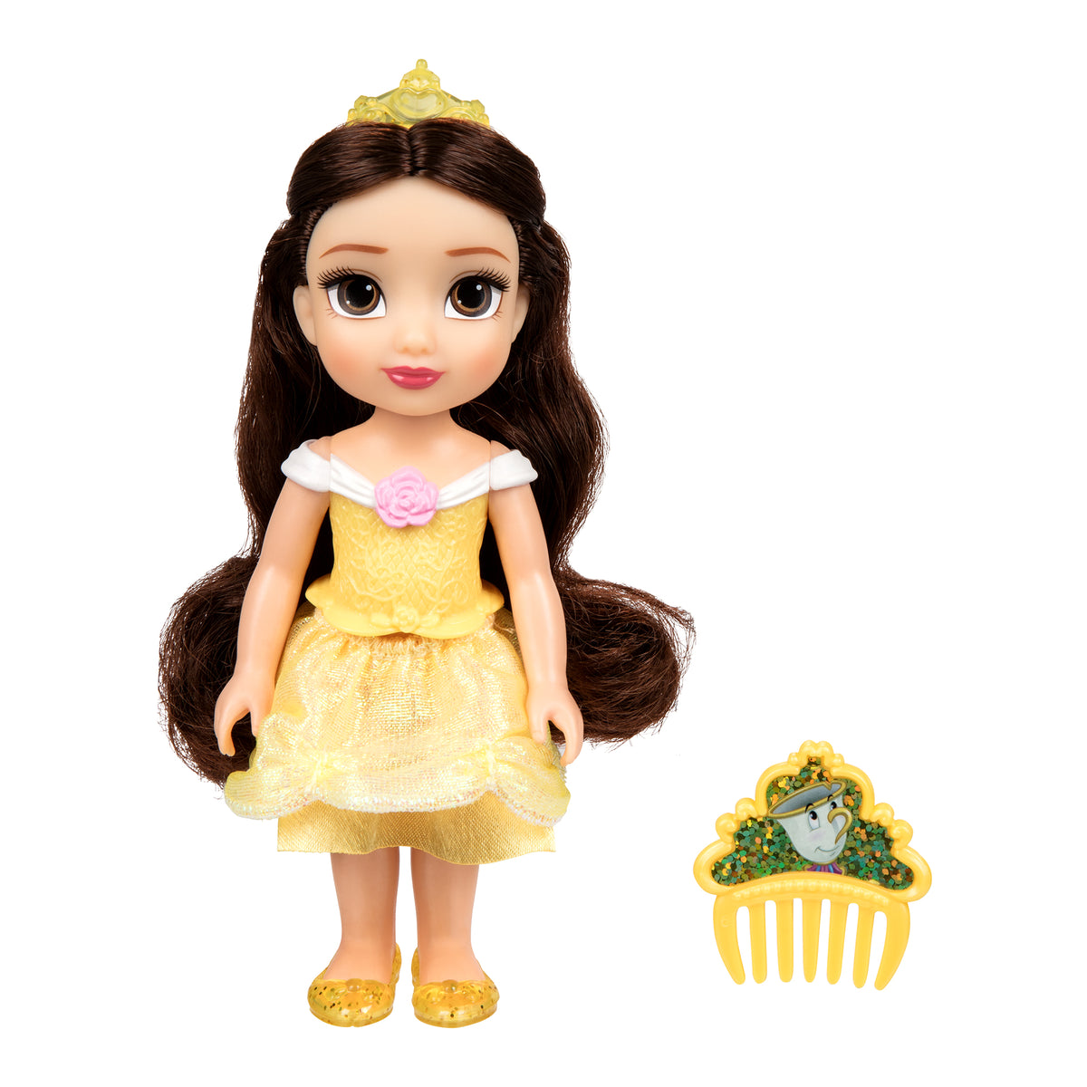 دمية Disney Princess Belle الصغيرة القابلة للجمع بفستان ذهبي ومشط Lumiere – 6 بوصات