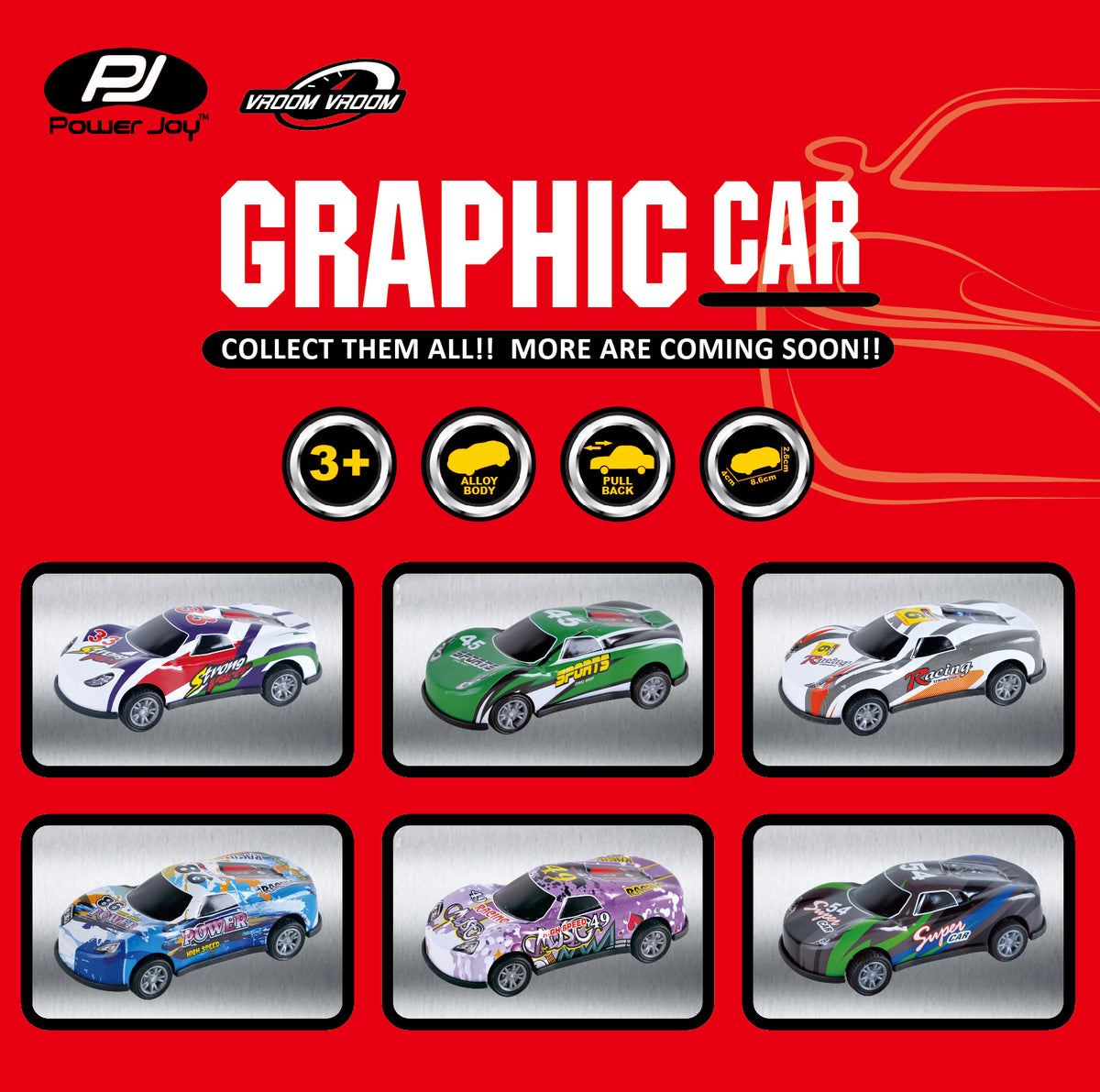 Power Joy Vroom Vroom 1:64 Graphic Pull-Back Toy Car for Kids