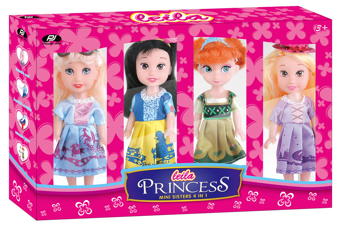 Power Joy Leila Princess Mini Sisters 4-in-1 Fashion Princess Doll Collection with Accessories for Kids